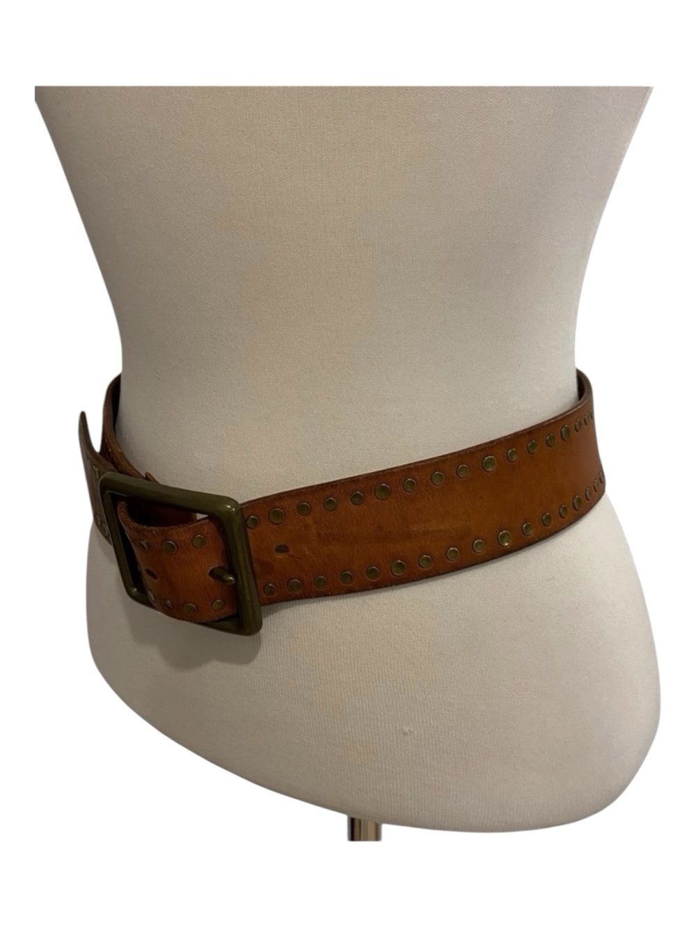 Vintage Brown Studded Leather Belt Brass Buckle Wide Y2K Western Boho Style